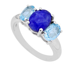 6.09cts 3 stone natural blue sapphire oval topaz 925 silver ring size 8 n54589