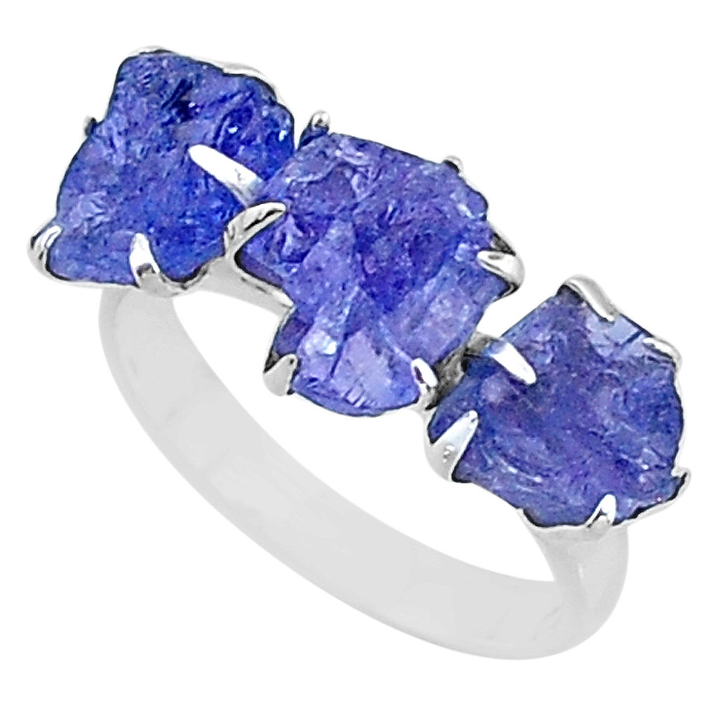 9.86cts 3 stone natural blue tanzanite raw 925 silver ring size 8 t7103