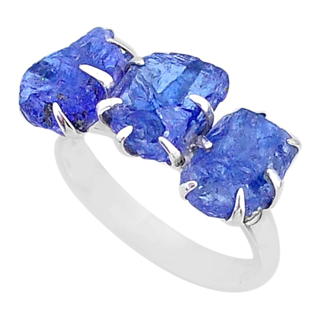 9.86cts 3 stone natural blue tanzanite raw 925 silver ring size 8 t7106