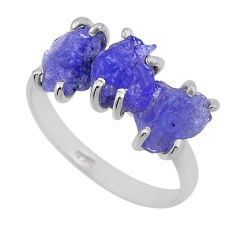 6.73cts 3 stone natural blue tanzanite rough fancy silver ring size 8.5 n49610