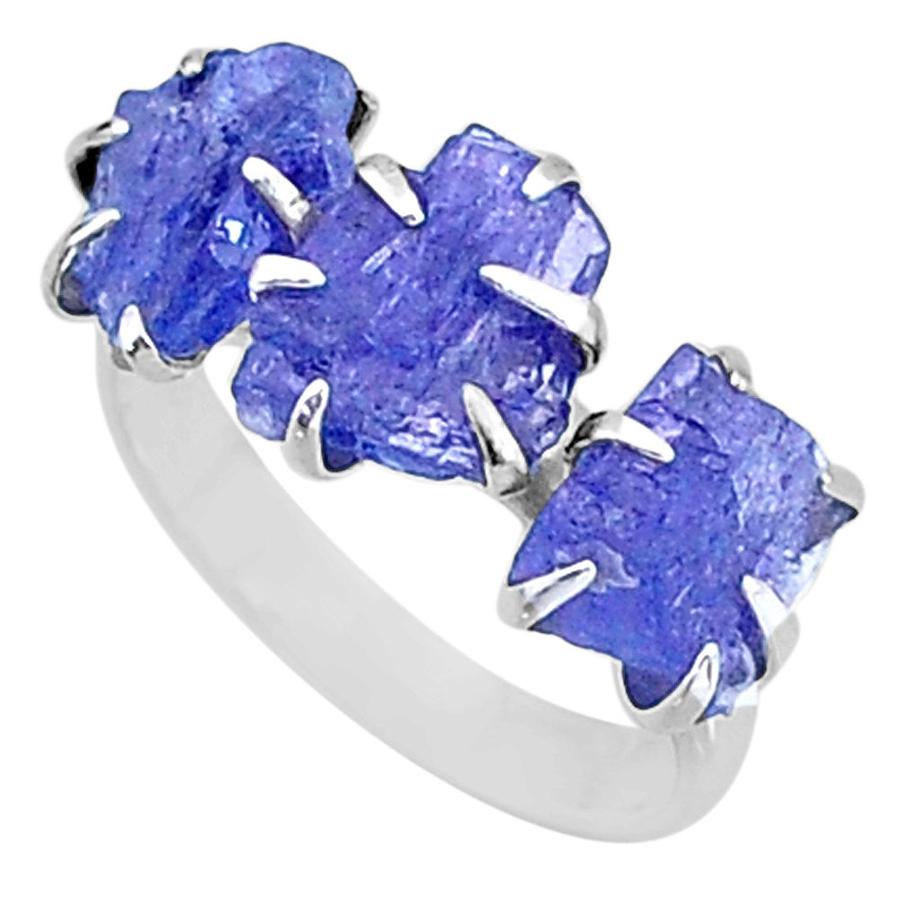 8.87cts 3 stone natural blue tanzanite raw fancy silver ring size 7 t7104