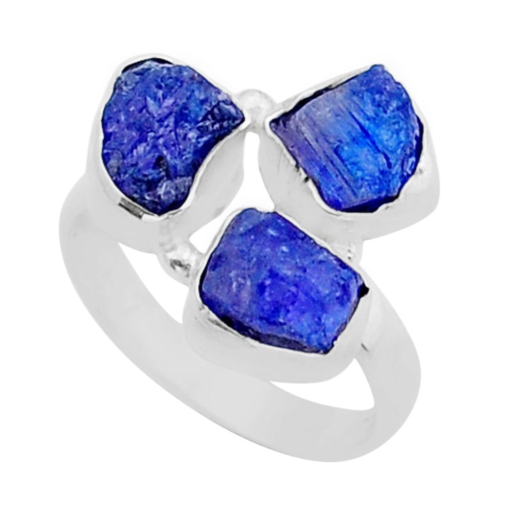 9.86cts 3 stone natural blue tanzanite rough fancy silver ring size 8 y14058