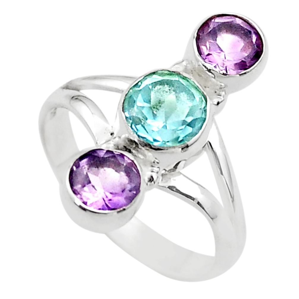 3.22cts 3 stone natural blue topaz amethyst round 925 silver ring size 8 t63956