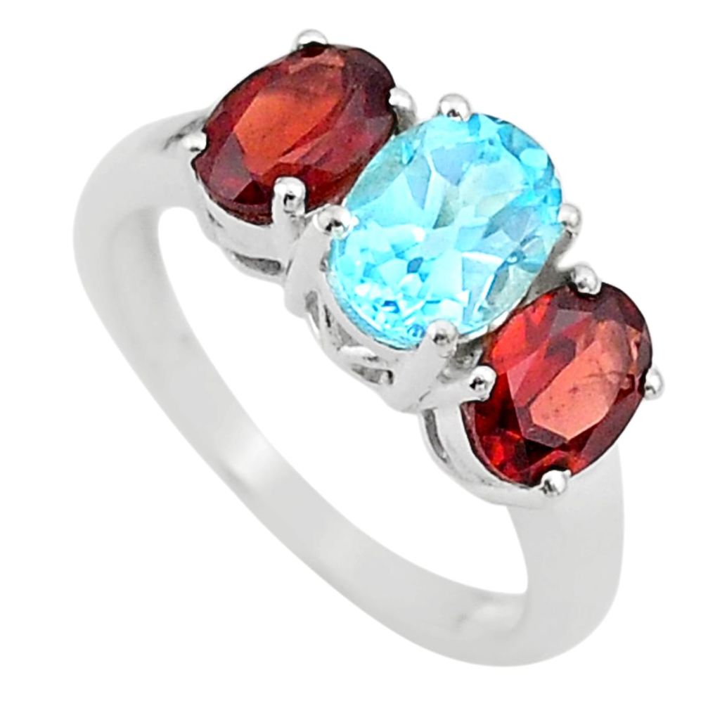 6.85cts 3 stone natural blue topaz garnet 925 silver ring jewelry size 8 t43251