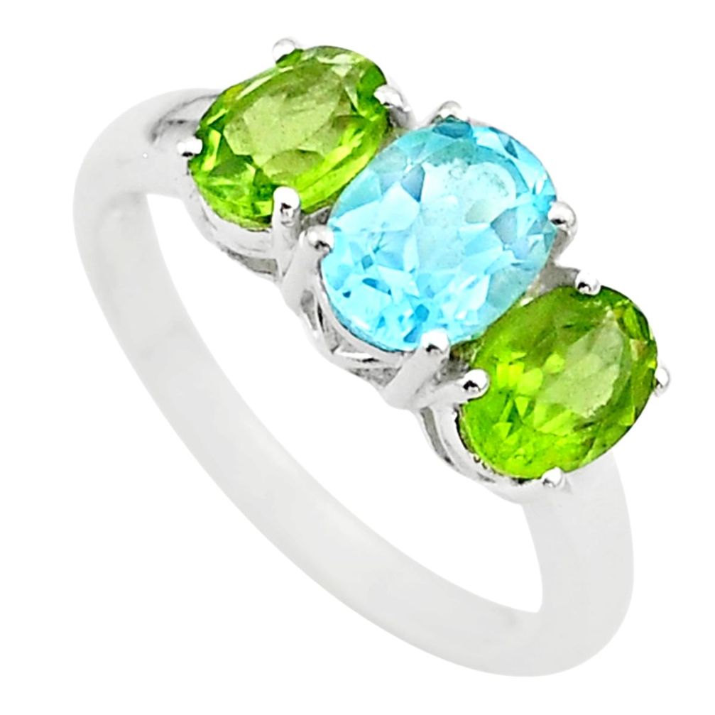 5.54cts 3 stone natural blue topaz green peridot 925 silver ring size 7 t43233
