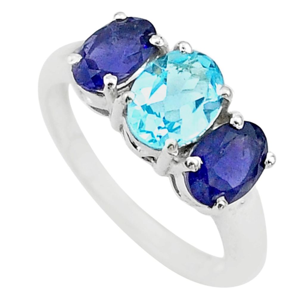 6.99cts 3 stone natural blue topaz iolite 925 silver ring jewelry size 7 t43249