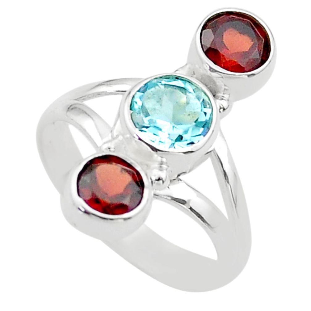 3.11cts 3 stone natural blue topaz red garnet 925 silver ring size 8.5 t63893