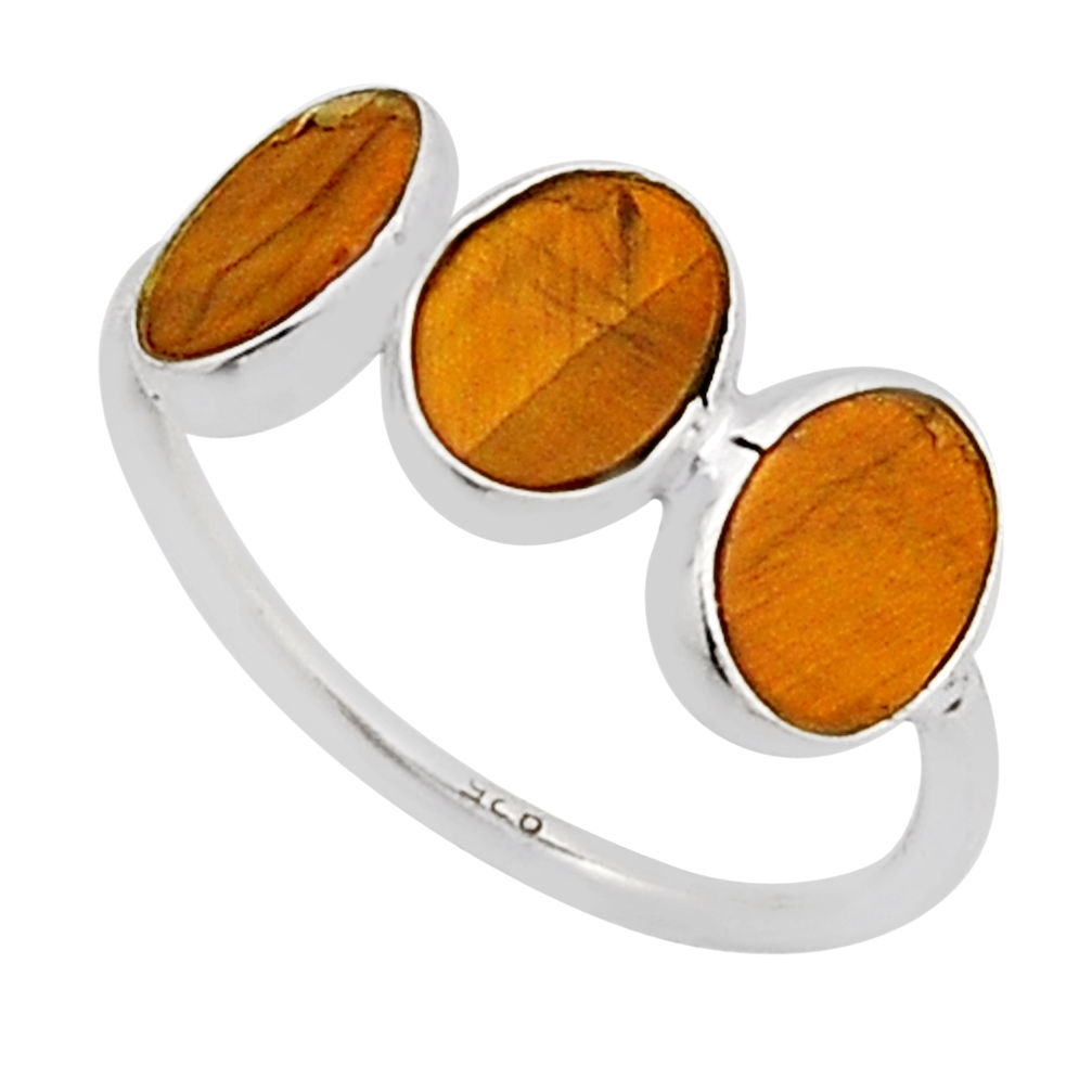 5.77cts 3 stone natural brown tiger's eye 925 sterling silver ring size 7 n12697