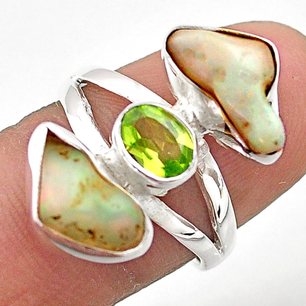 9.56cts 3 stone natural ethiopian opal rough peridot silver ring size 7 t70290