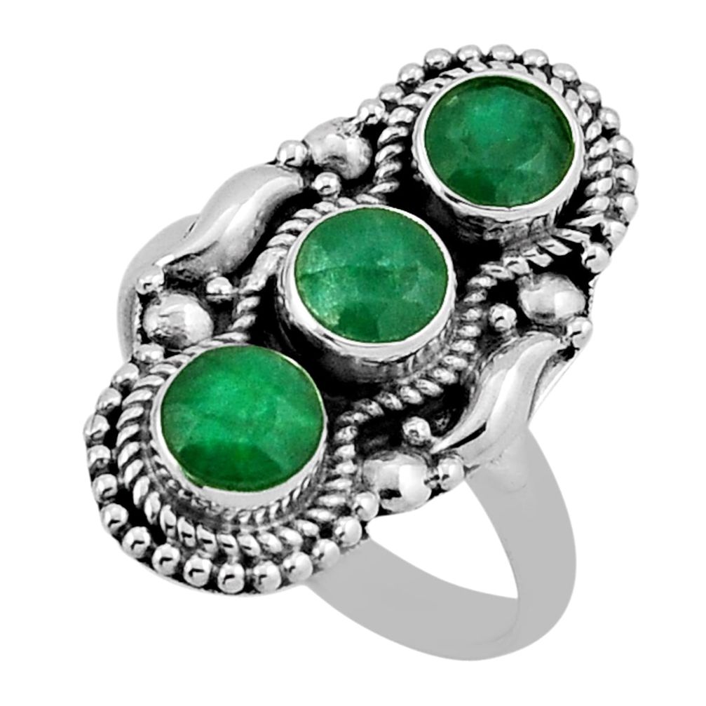 2.25cts 3 stone natural green emerald 925 sterling silver ring size 6.5 n38393