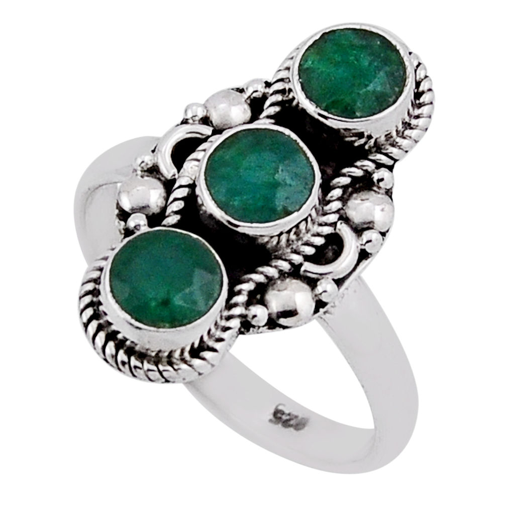 2.32cts 3 stone natural green emerald round sterling silver ring size 7 n38411