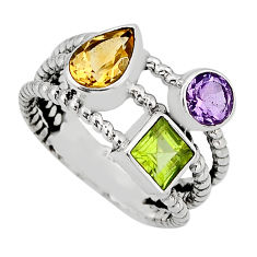 3.29cts 3 stone natural green peridot amethyst citrine silver ring size 7 y80870