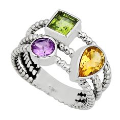 3.40cts 3 stone natural green peridot amethyst citrine silver ring size 8 y80879