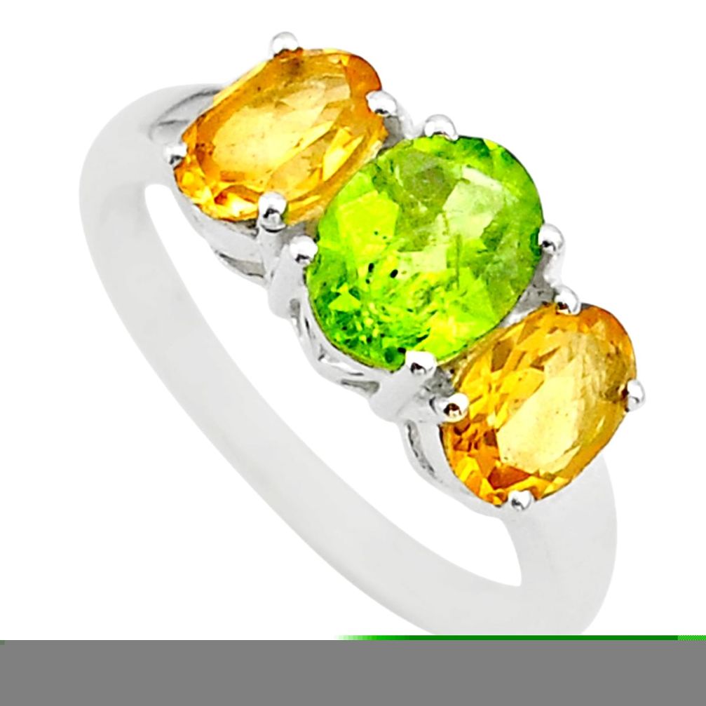 5.92cts 3 stone natural green peridot citrine 925 silver ring size 8 t43237