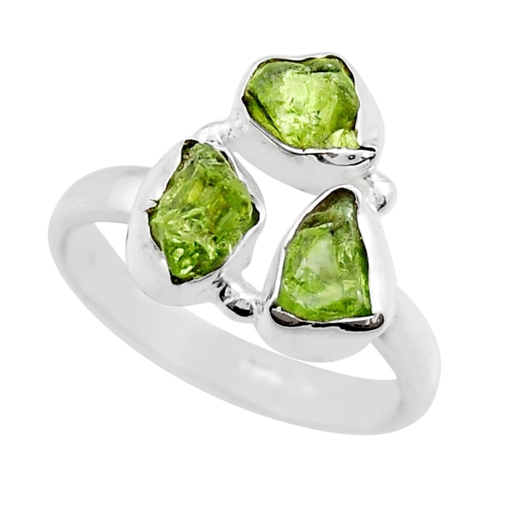 6.98cts 3 stone natural green peridot rough 925 silver ring size 8.5 y25623