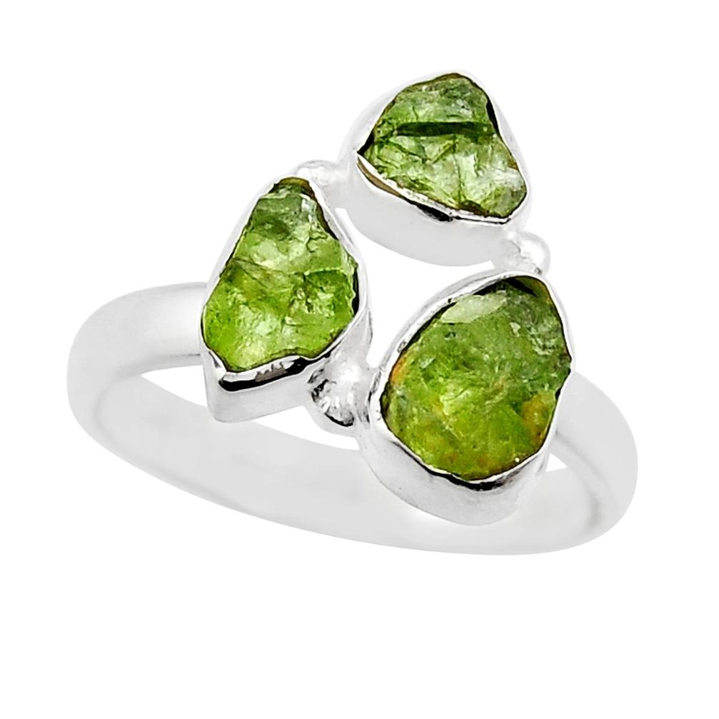 6.95cts 3 stone natural green peridot rough 925 silver ring size 8.5 y25632