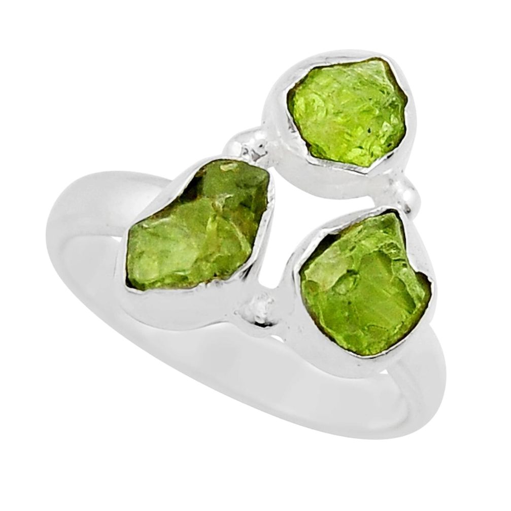 6.39cts 3 stone natural green peridot rough 925 silver ring size 6.5 y25634