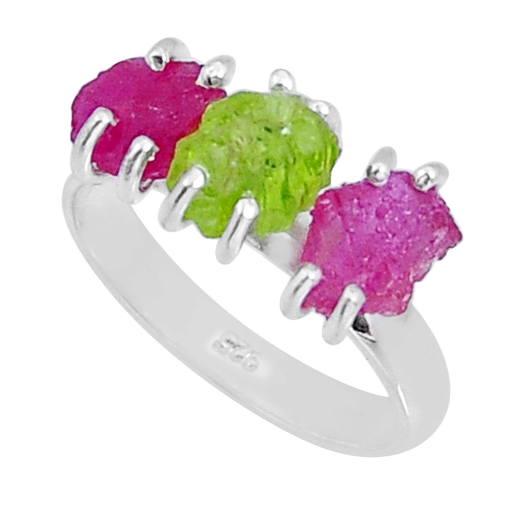 9.79cts 3 stone natural green peridot ruby rough 925 silver ring size 9 y4489