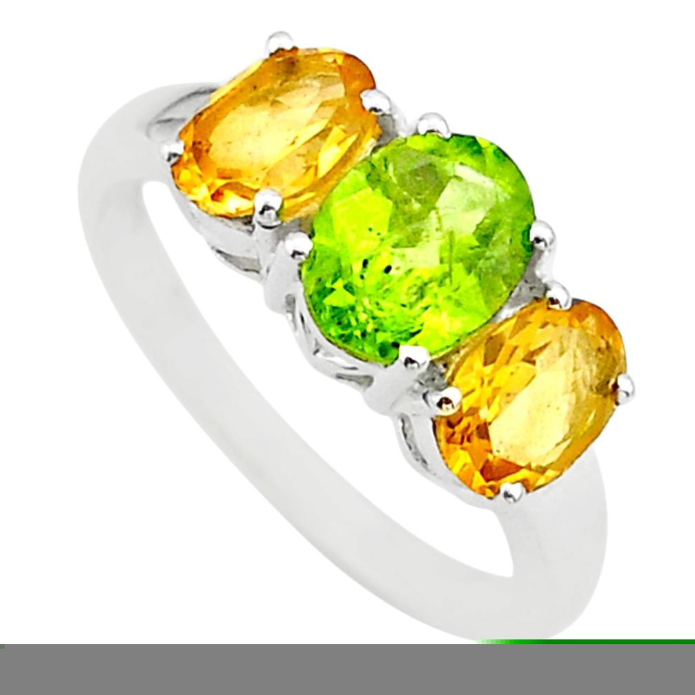 5.54cts 3 stone natural green peridot yellow citrine silver ring size 6 t43238