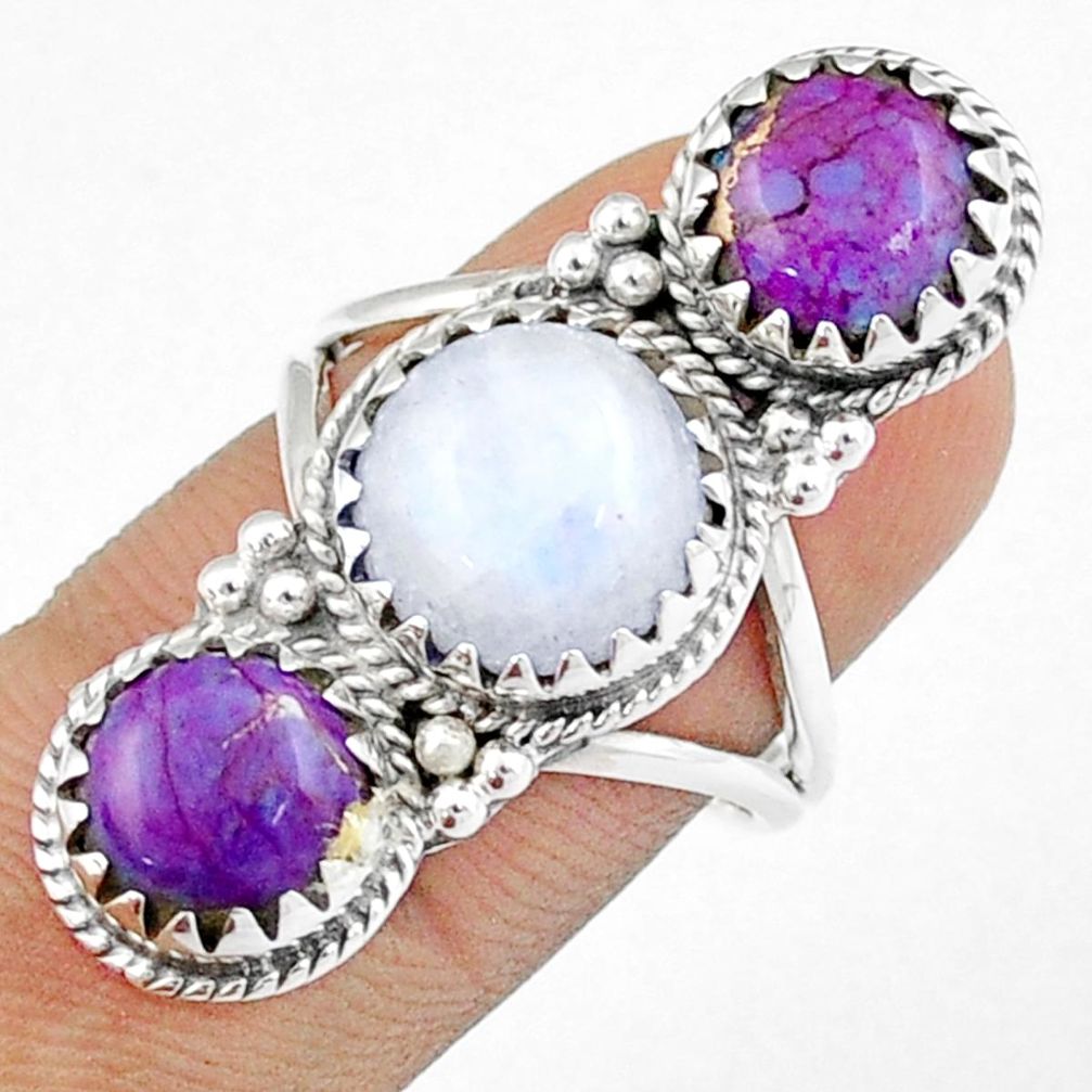 7.85cts 3 stone natural moonstone copper turquoise silver ring size 7.5 u23186