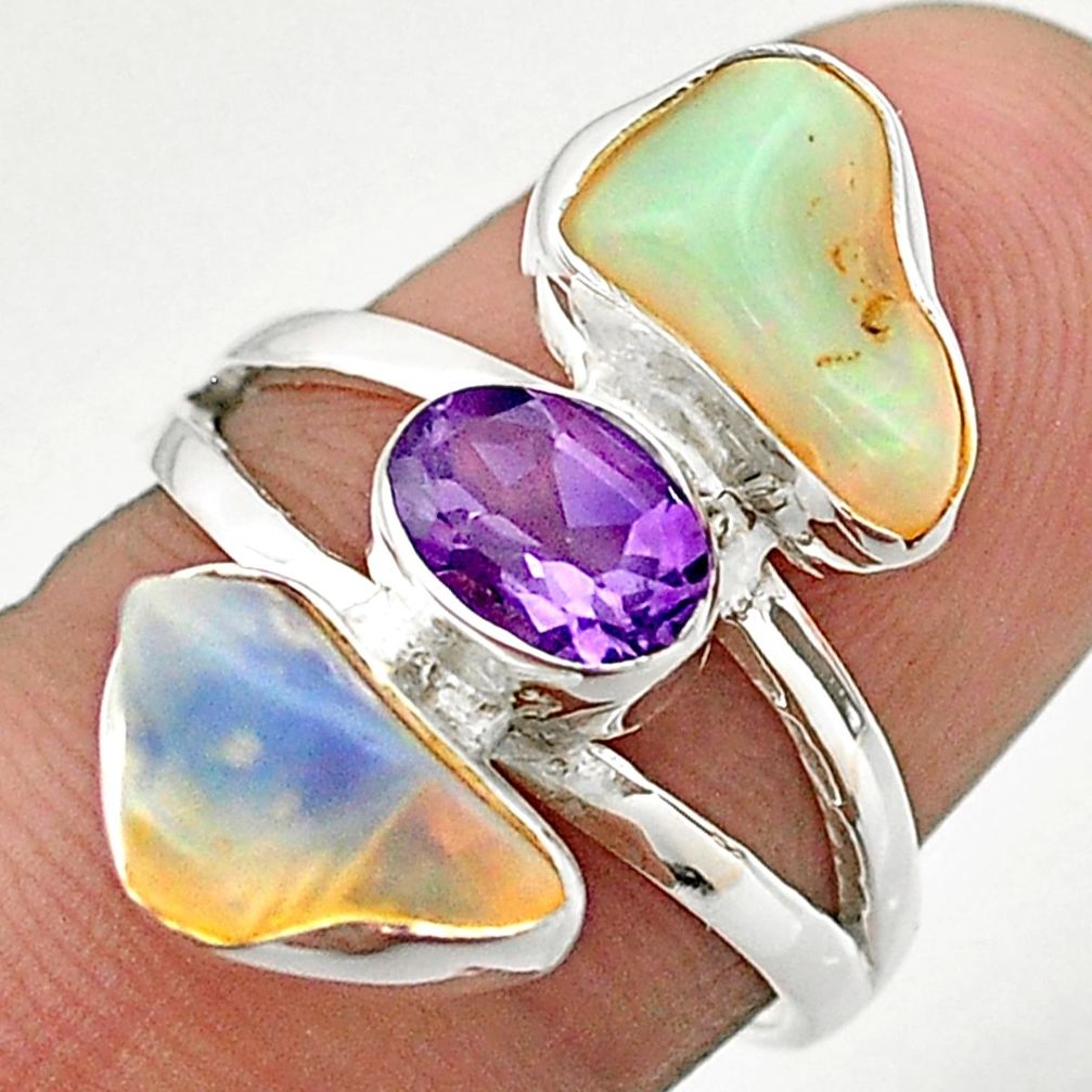 10.02cts 3 stone natural opal rough amethyst 925 silver ring size 7 t70317