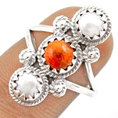Clearance Sale- 3.39cts 3 stone natural orange mojave turquoise pearl silver ring size 7 u16282