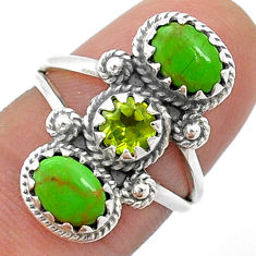 4.16cts 3 stone natural peridot copper turquoise 925 silver ring size 6 u69458