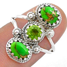 3.84cts 3 stone natural peridot copper turquoise 925 silver ring size 7.5 u69446