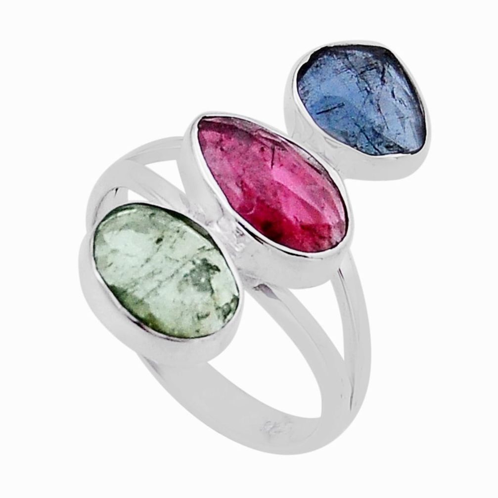 7.08cts 3 stone natural pink blue green tourmaline silver ring size 8.5 n51211