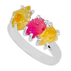 9.86cts 3 stone natural pink ruby citrine rough 925 silver ring size 9 y4471