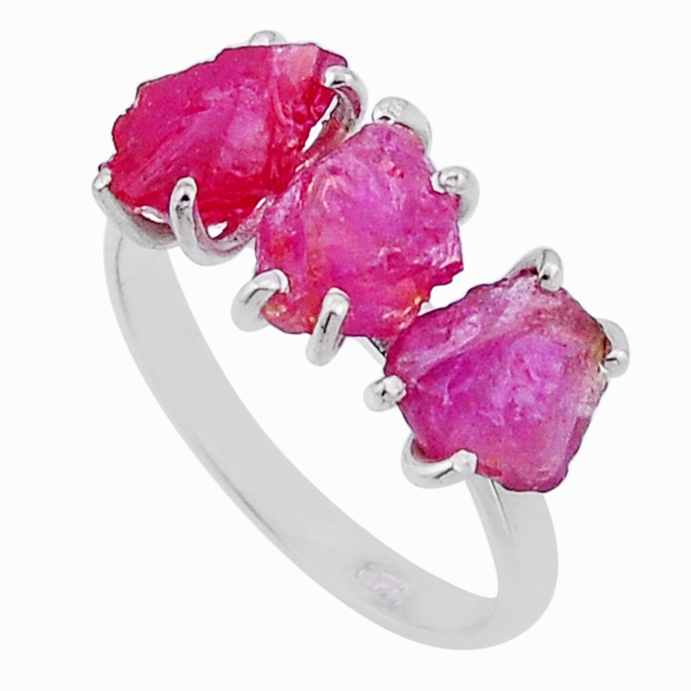 7.71cts 3 stone natural pink ruby rough 925 sterling silver ring size 8.5 n49619