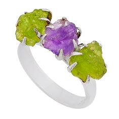 6.85cts 3 stone natural purple amethyst peridot rough silver ring size 7.5 n2238
