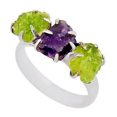 6.90cts 3 stone natural purple amethyst peridot rough silver ring size 7.5 n2239