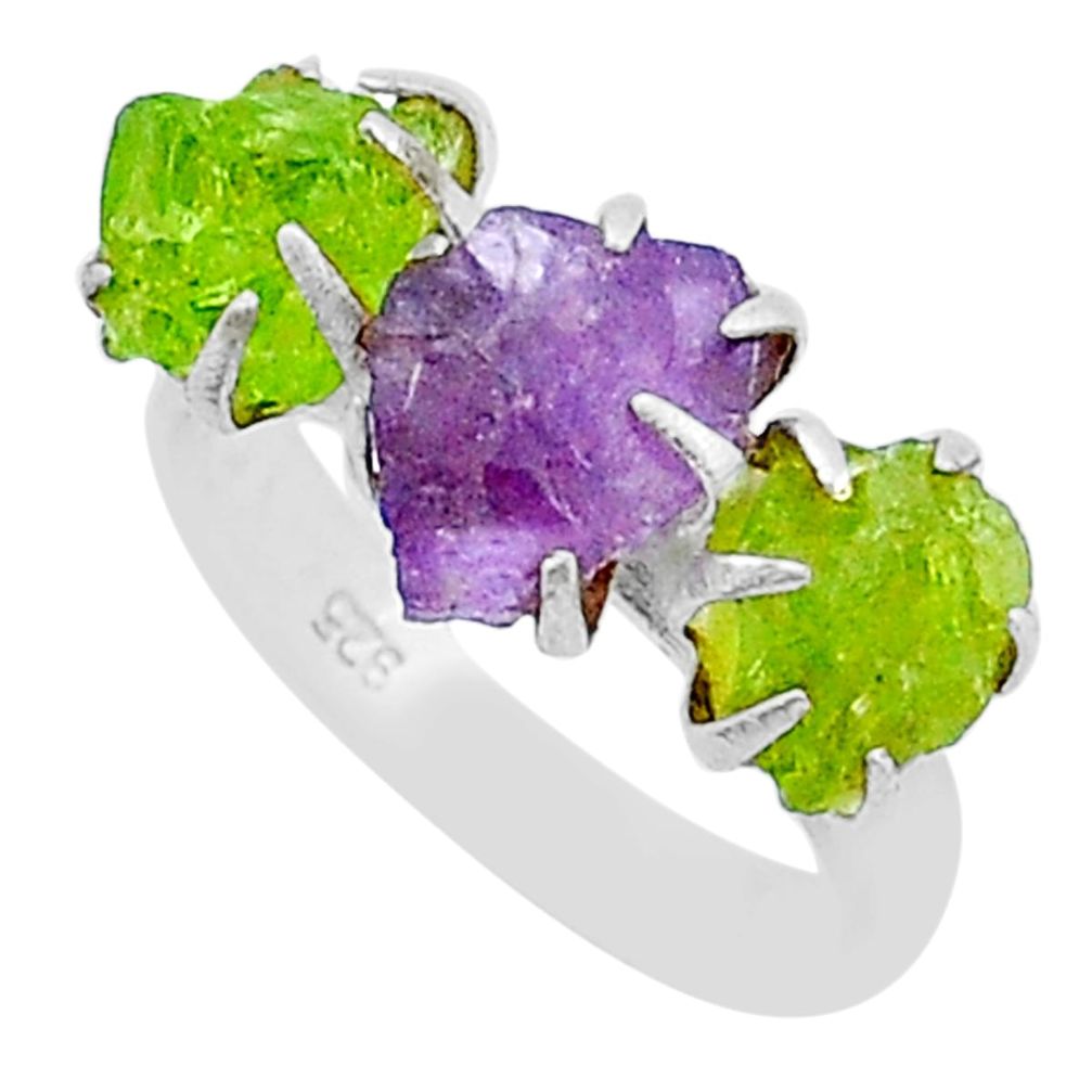 Clearance Sale- 8.95cts 3 stone natural purple amethyst peridot rough silver ring size 7 u91326