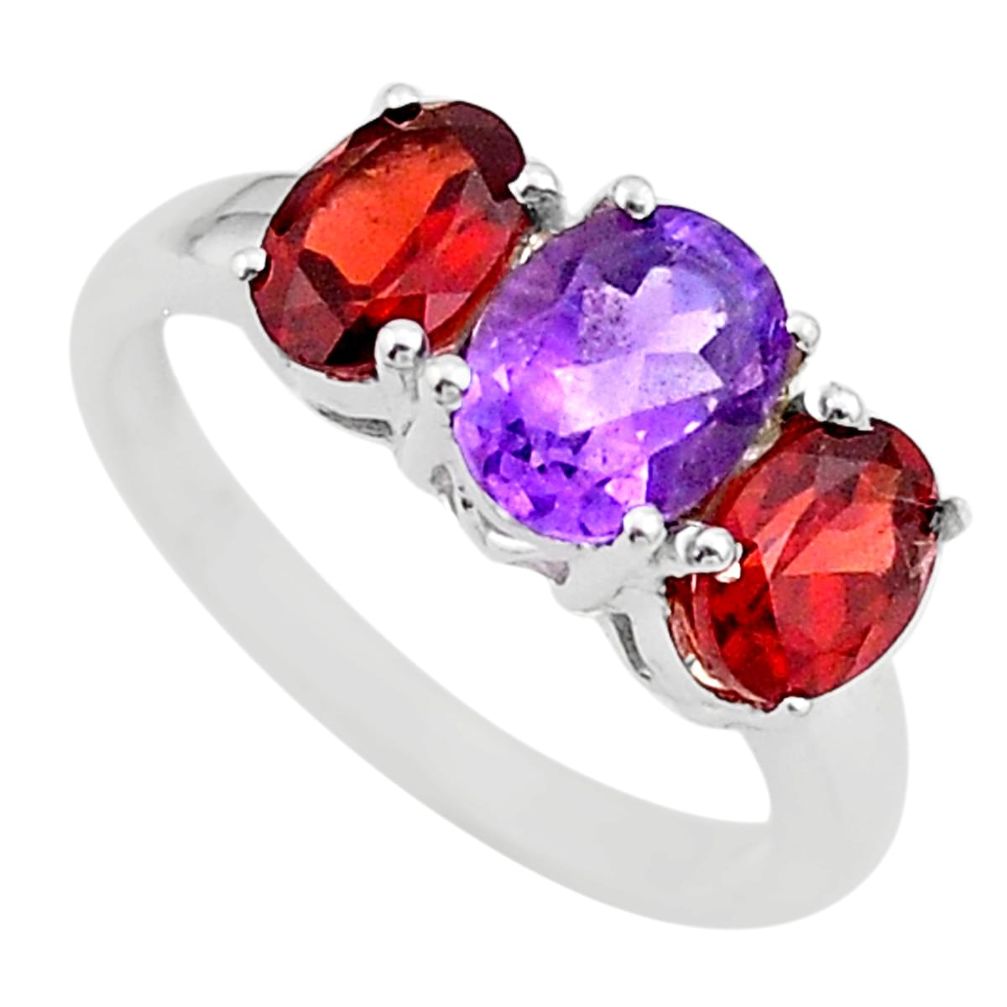6.61cts 3 stone natural purple amethyst red garnet silver ring size 8 t43244