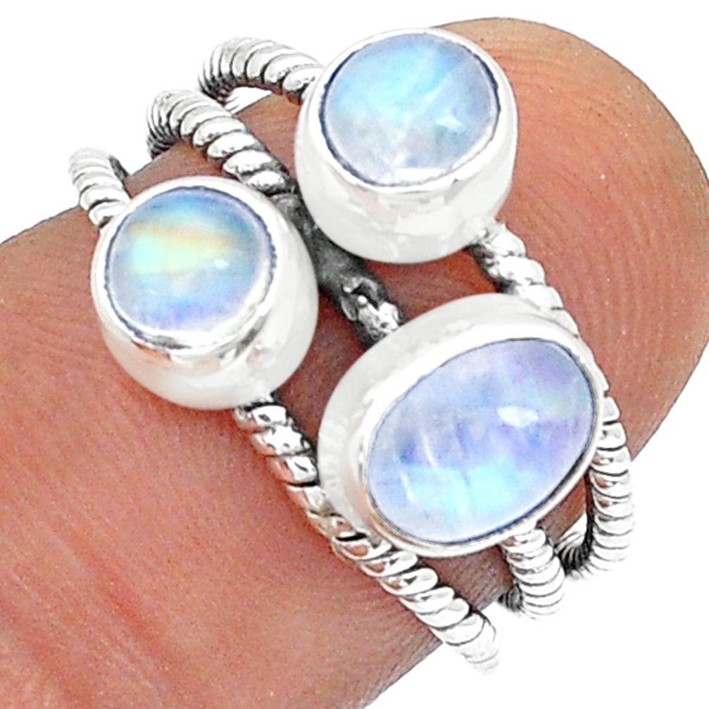 3.14cts 3 stone natural rainbow moonstone 925 sterling silver ring size 6 u75929