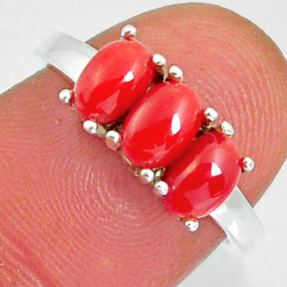 2.73cts 3 stone natural red coral 925 sterling silver ring jewelry size 6 y4361