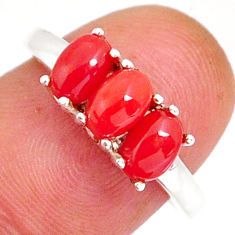2.92cts 3 stone natural red coral 925 sterling silver ring jewelry size 7 y4351
