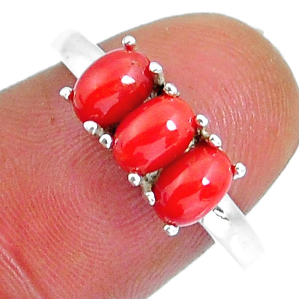 2.71cts 3 stone natural red coral 925 sterling silver ring jewelry size 8 y4366