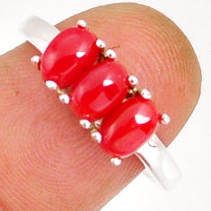2.62cts 3 stone natural red coral oval 925 sterling silver ring size 7.5 y4360