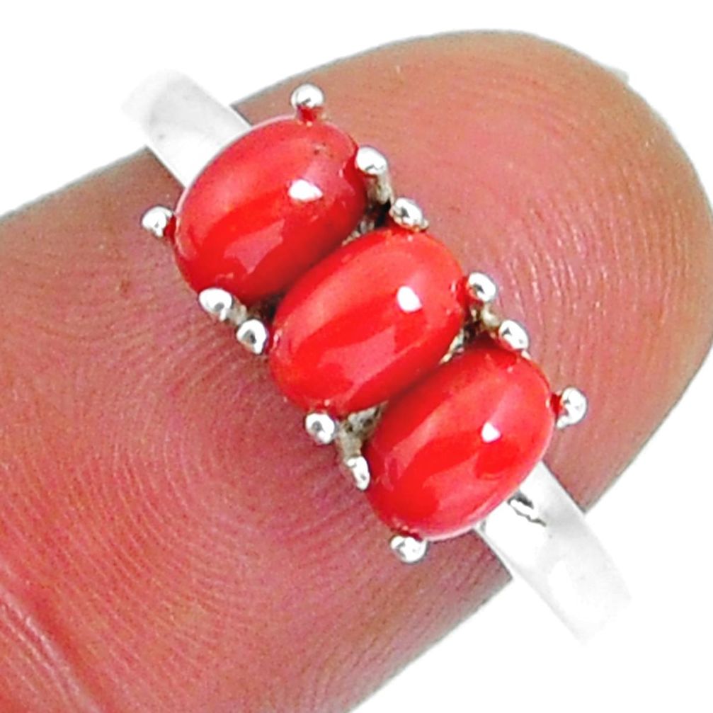 2.94cts 3 stone natural red coral oval 925 sterling silver ring size 6.5 y4367