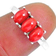 2.94cts 3 stone natural red coral oval 925 sterling silver ring size 6.5 y4367