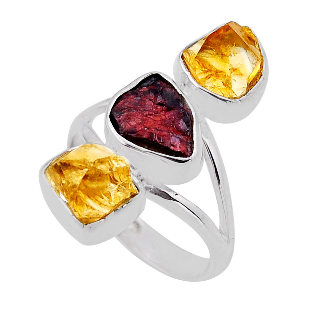 9.80cts 3 stone natural red garnet citrine rough 925 silver ring size 8.5 n50005