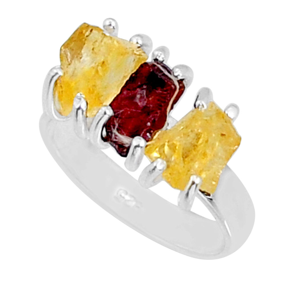 8.51cts 3 stone natural red garnet citrine rough 925 silver ring size 6 y4467