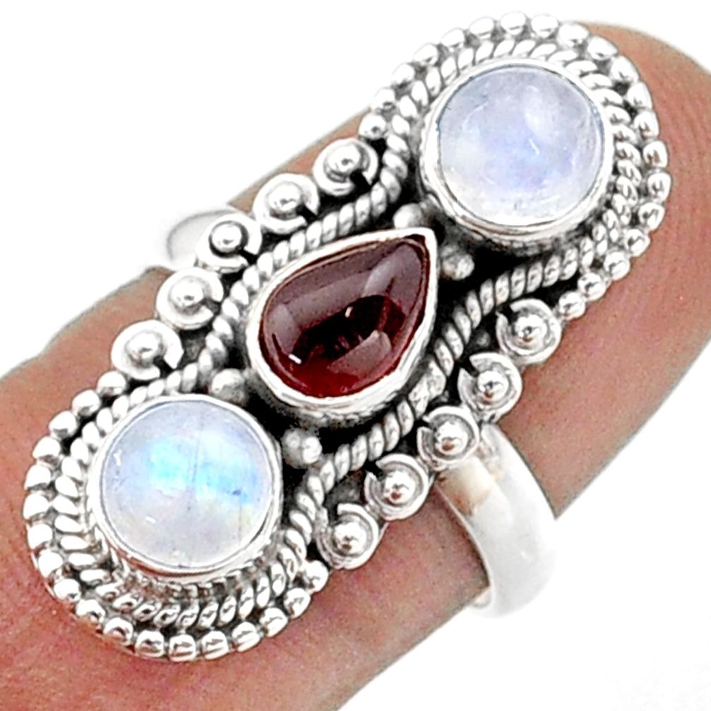 4.52cts 3 stone natural red garnet moonstone 925 silver ring size 6.5 t73770