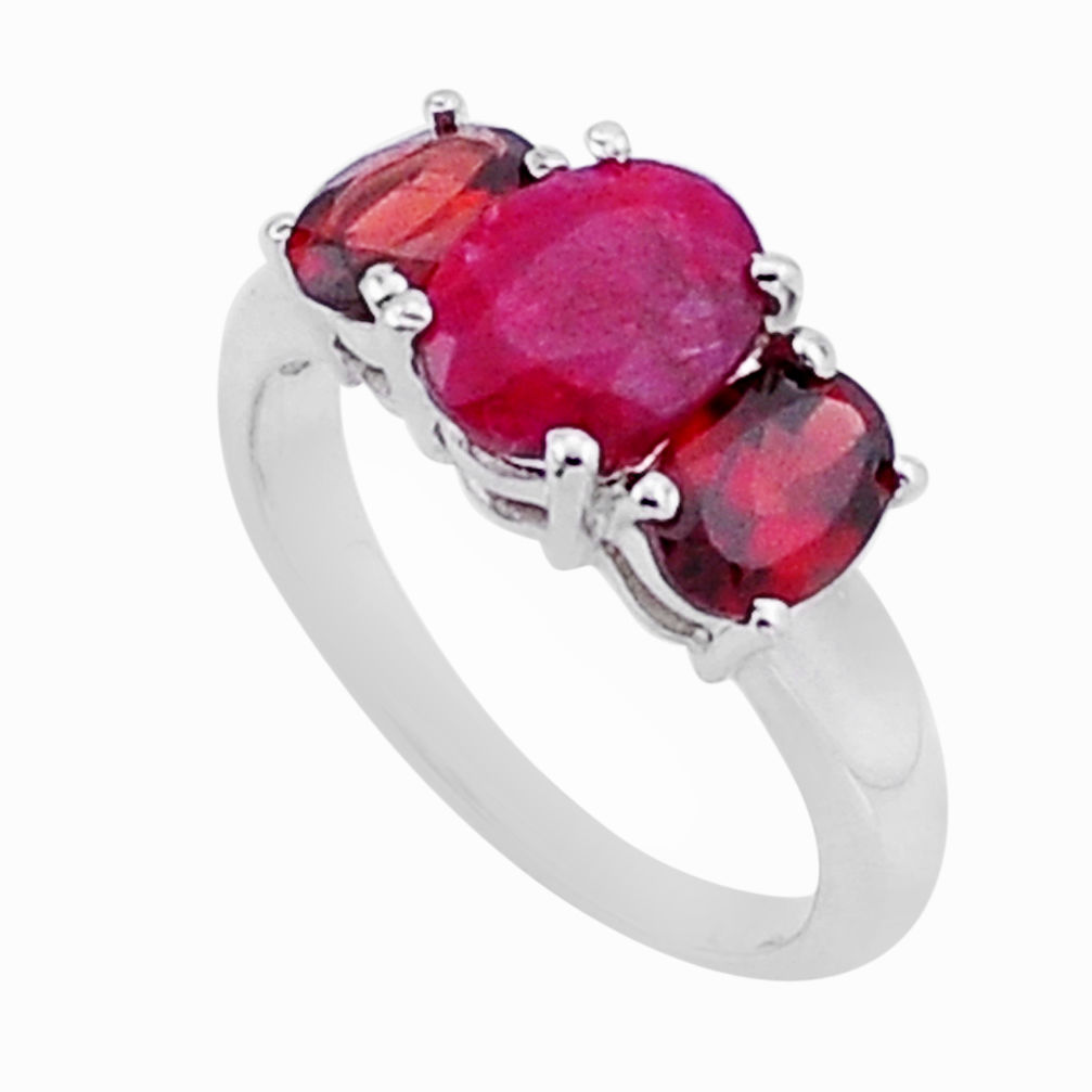 6.04cts 3 stone natural red ruby garnet 925 sterling silver ring size 8 n54581