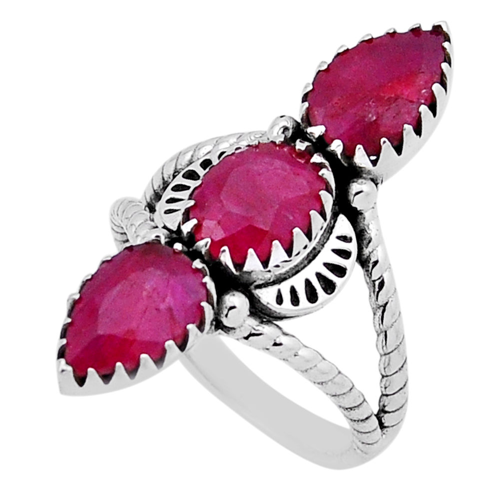 5.90cts 3 stone natural red ruby oval 925 sterling silver ring size 6.5 n40310