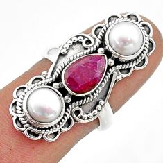 6.54cts 3 stone natural red ruby pearl 925 sterling silver ring size 7 t73821