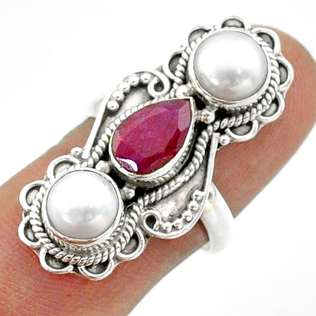 6.54cts 3 stone natural red ruby pearl 925 sterling silver ring size 7.5 t73819