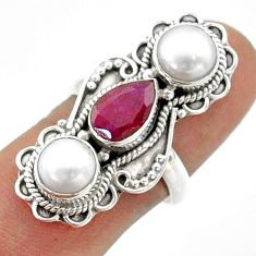 6.54cts 3 stone natural red ruby pearl 925 sterling silver ring size 7.5 t73819